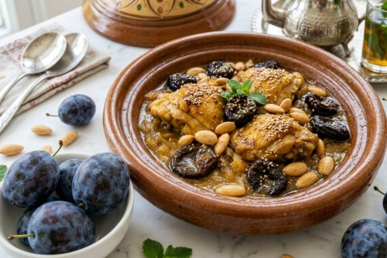 Tajine de poulet aux prunes et aux amandes