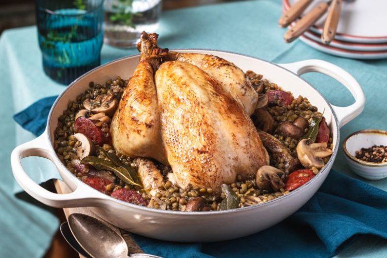 Poulet rôti aux lentilles vertes