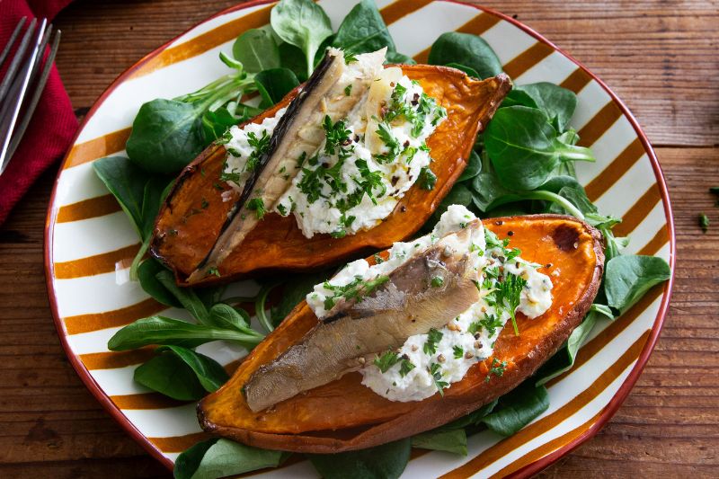 Patate douce, ricotta et maquereaux
